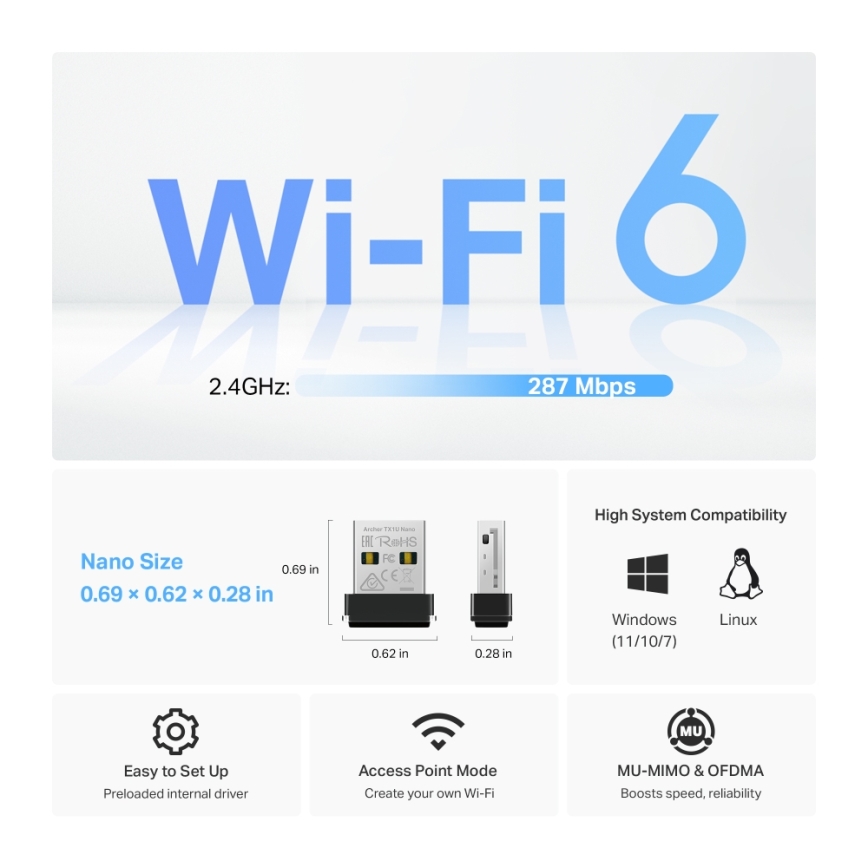 TP-Link - Trådlös Wi‑Fi 6 USB-nanoadapter Archer TX1U Nano