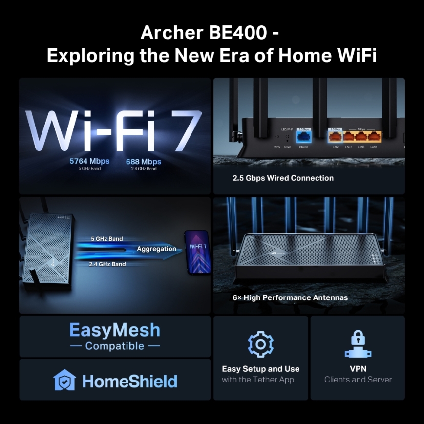 TP-Link - Tvåbands Wi-Fi 7 router Archer BE400