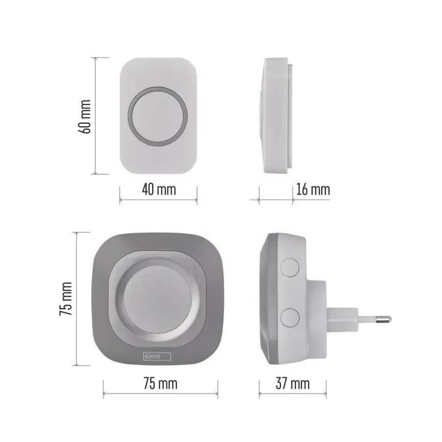 Trådlös dörrklocka för vägguttag 230V + 1xCR2032 IP44 grå