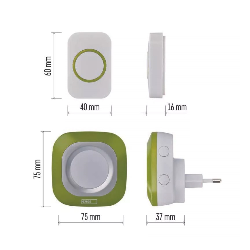Trådlös dörrklocka för vägguttag 230V + 1xCR2032 IP44 grön