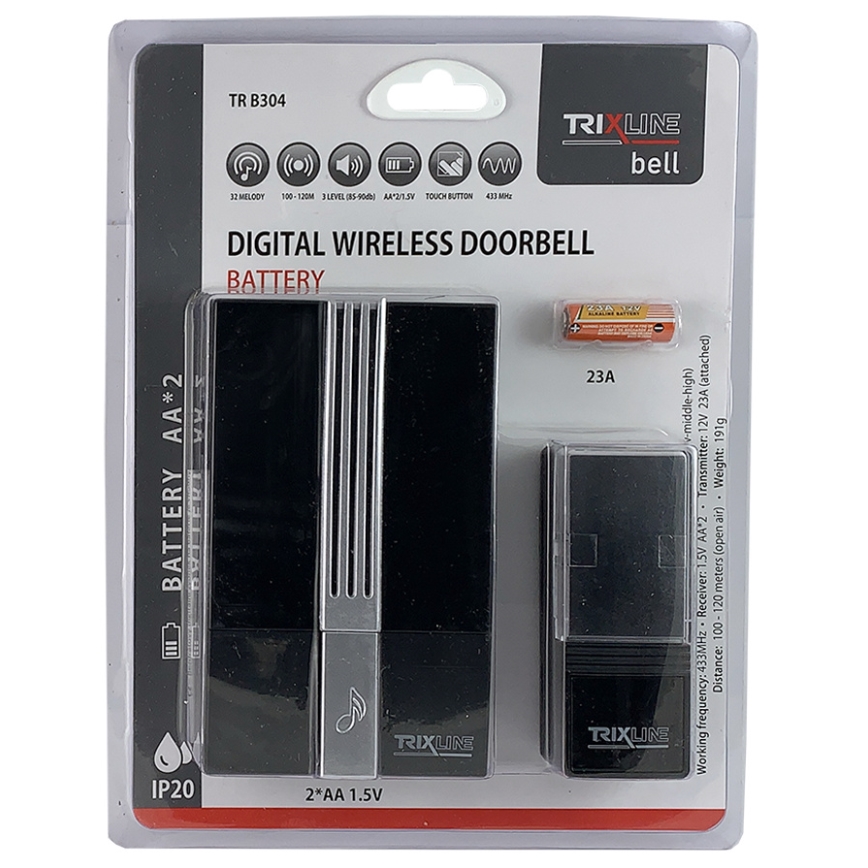 Trådlös dörrklocka BELL 1x23A + 2xAA svart