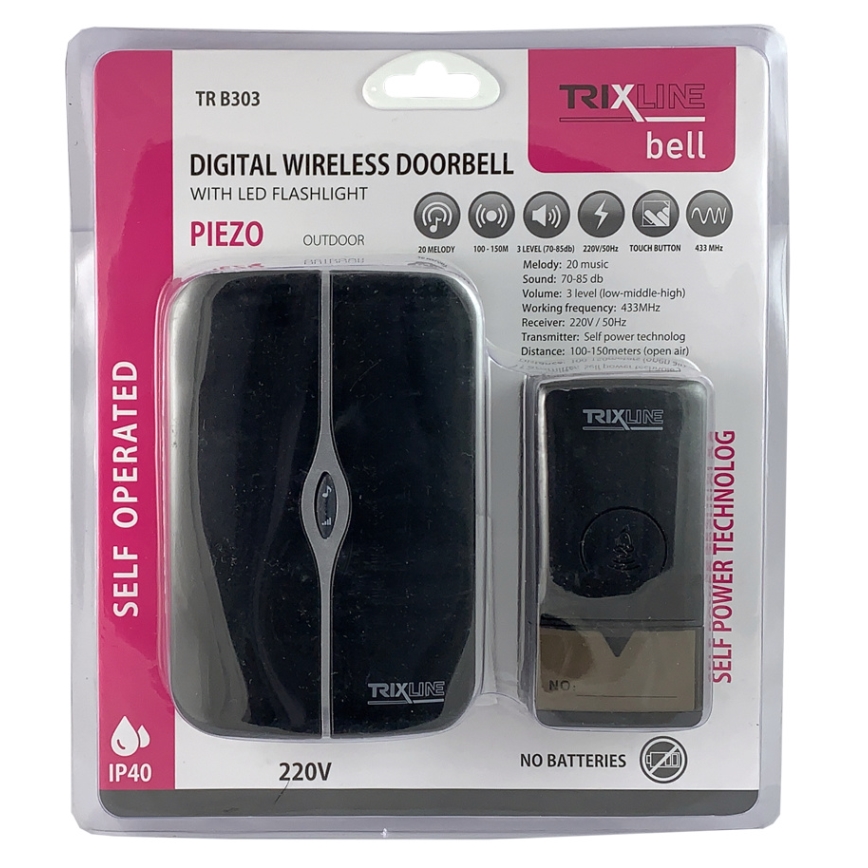 Trådlös dörrklocka för vägguttag PIEZO BELL 230V + 1x23A IP40 svart