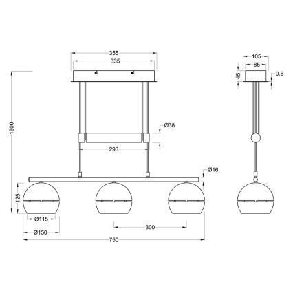 Trio - Ljuskrona med textilsladd FLETCHER 3xE14/40W/230V mässing