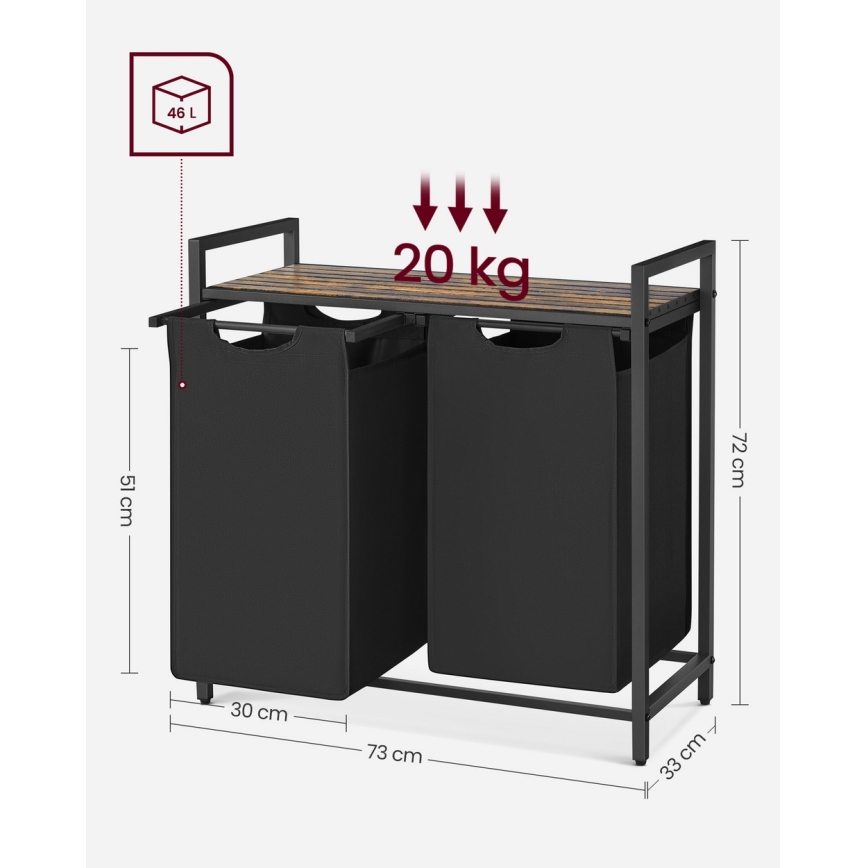 Tvättkorg REX 73x72x33 cm brun/svart
