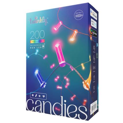 Twinkly - dimbar RGB LED-ljusslinga CANDIES, 200 LED, 14 m, USB, Wi‑Fi