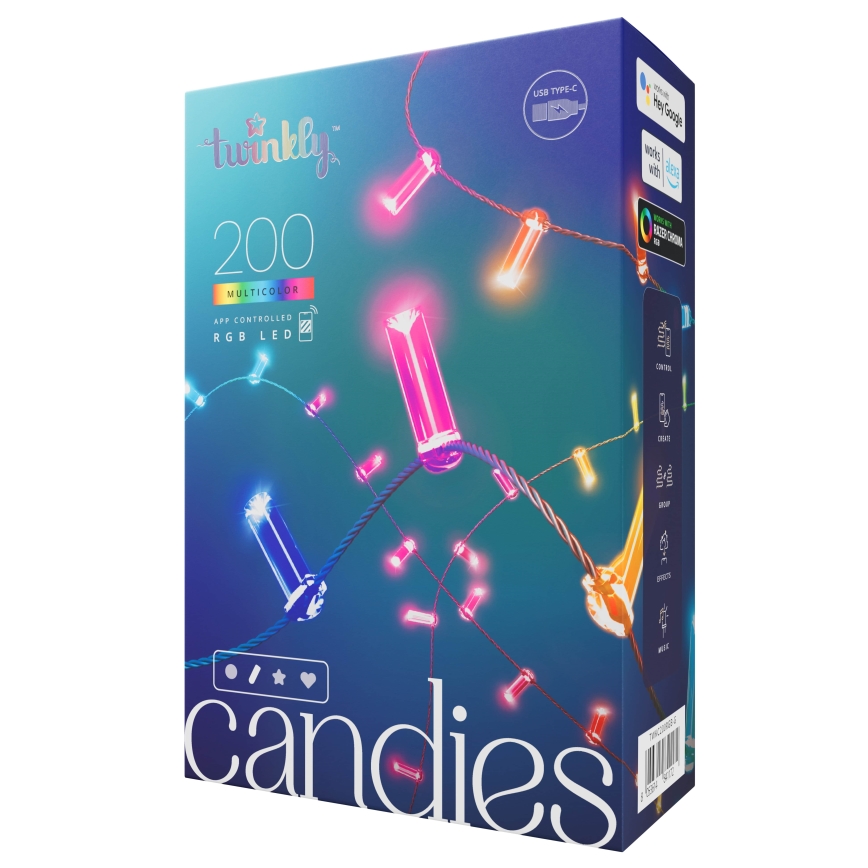 Twinkly - dimbar RGB LED-ljusslinga CANDIES, 200 LED, 14 m, USB, Wi‑Fi