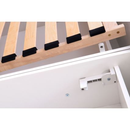 Tygklädd säng ALIS 180x200 cm med madrass och förvaring, ljusgrå