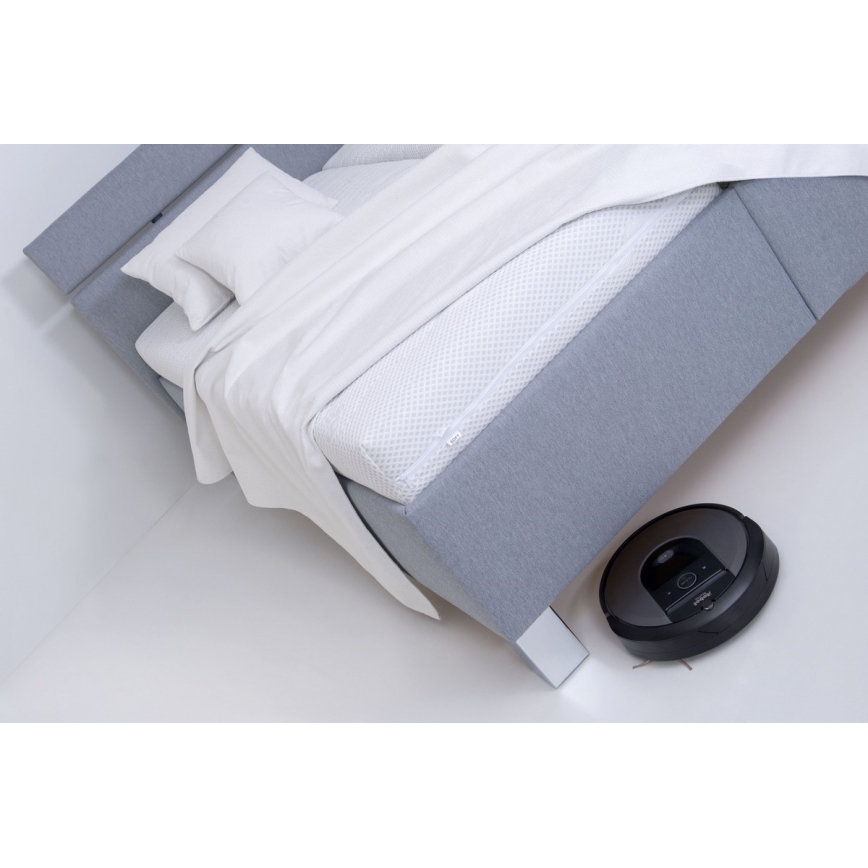 Tygklädd säng ALIS 180x200 cm med madrass och förvaring, ljusgrå