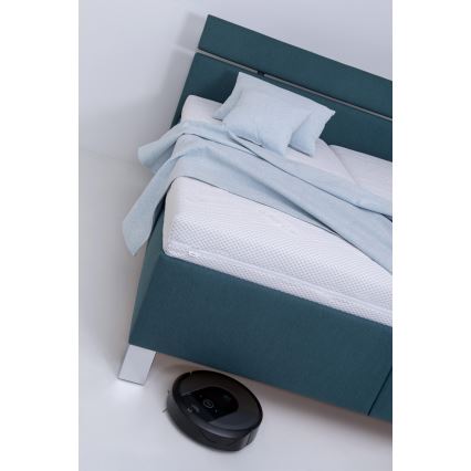 Tygklädd säng ALIS 180x200 cm med madrass och förvaring, petrolblå