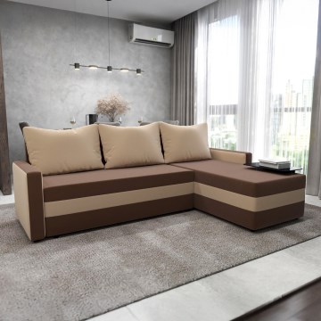 Tygklädd, universell L-formad hörnsoffa med bäddfunktion BRISTOL, brun/beige