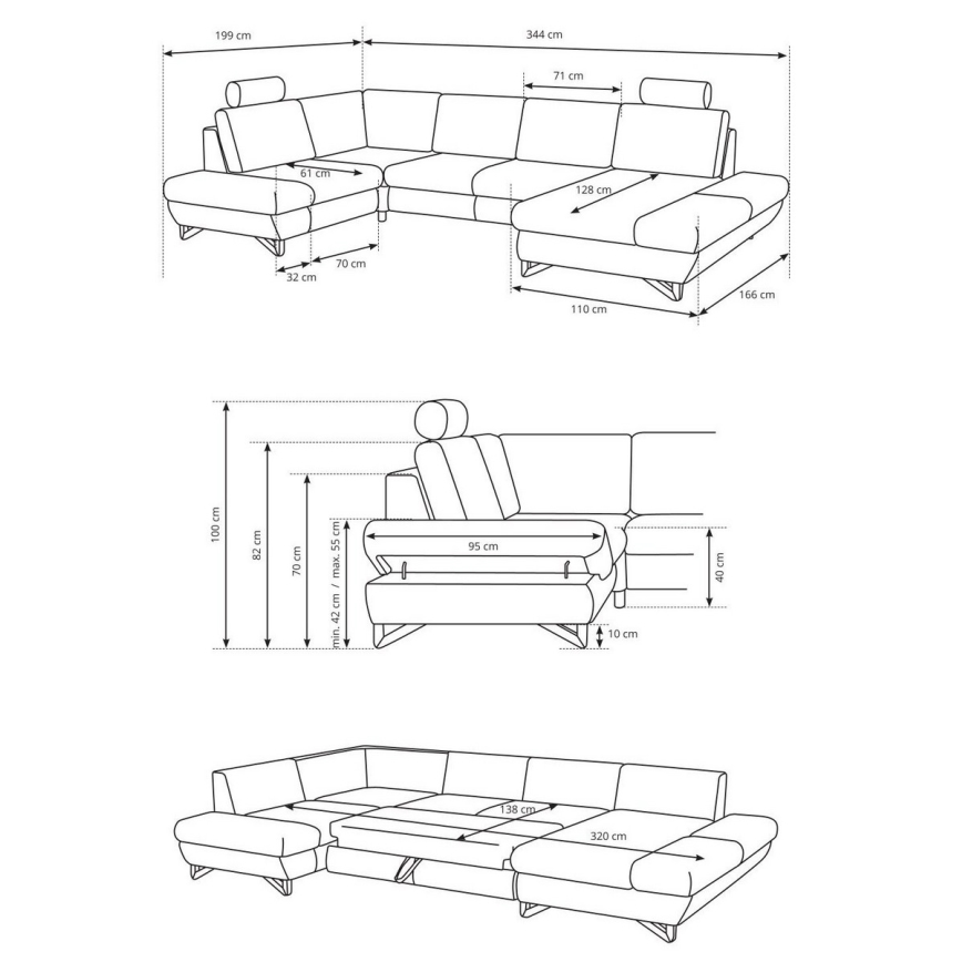 U-formad bäddbar stoppad hörnsoffa med förvaringsutrymme AVESTA, blå