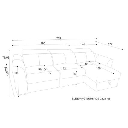 Mångsidig bäddbar hörnsoffa för tre med förvaringsutrymme TRENTO, grå