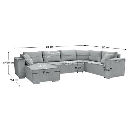 Universell U-formad bäddbar hörnsoffa LONDON, grå