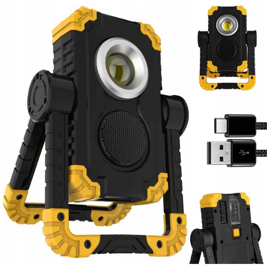 Uppladdningsbar LED-strålkastare med inbyggd högtalare och powerbankfunktion LED/10W/5V 4400 mAh IP44 svart/gul