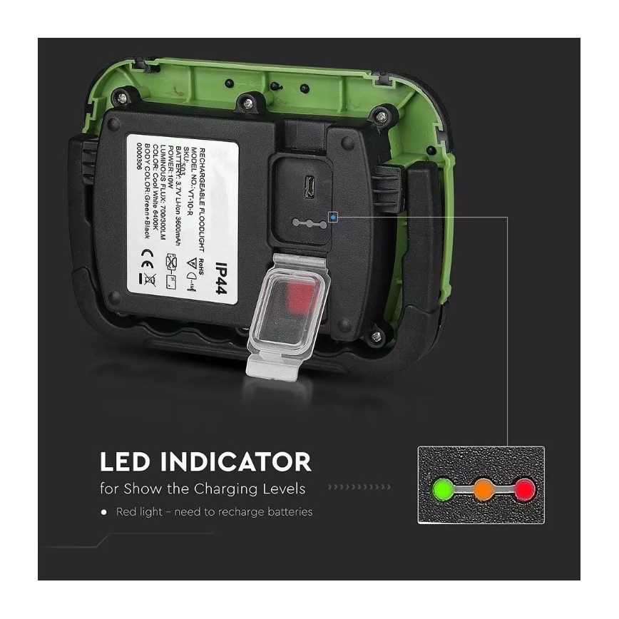 Uppladdningsbar LED-strålkastare SAMSUNG CHIP LED/10W/3,7V IP44 4000K 3600 mAh grön