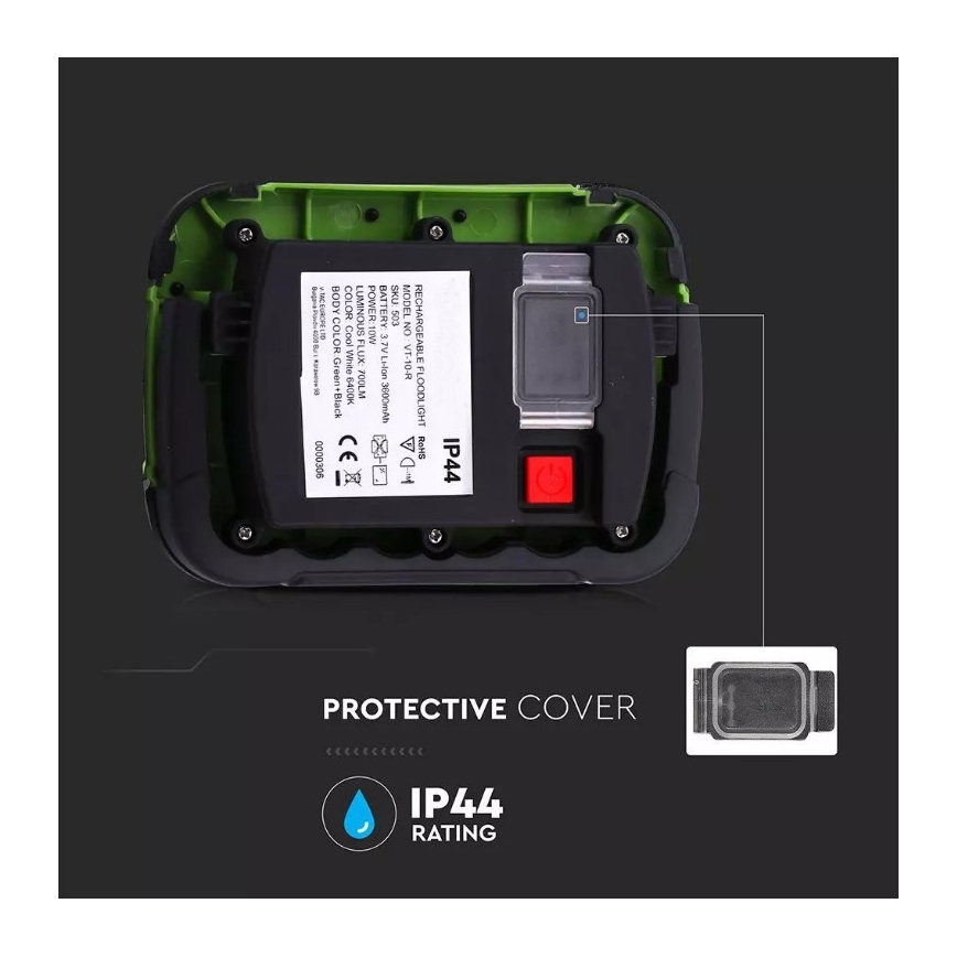 Uppladdningsbar LED-strålkastare SAMSUNG CHIP LED/10W/3,7V IP44 4000K 3600 mAh grön