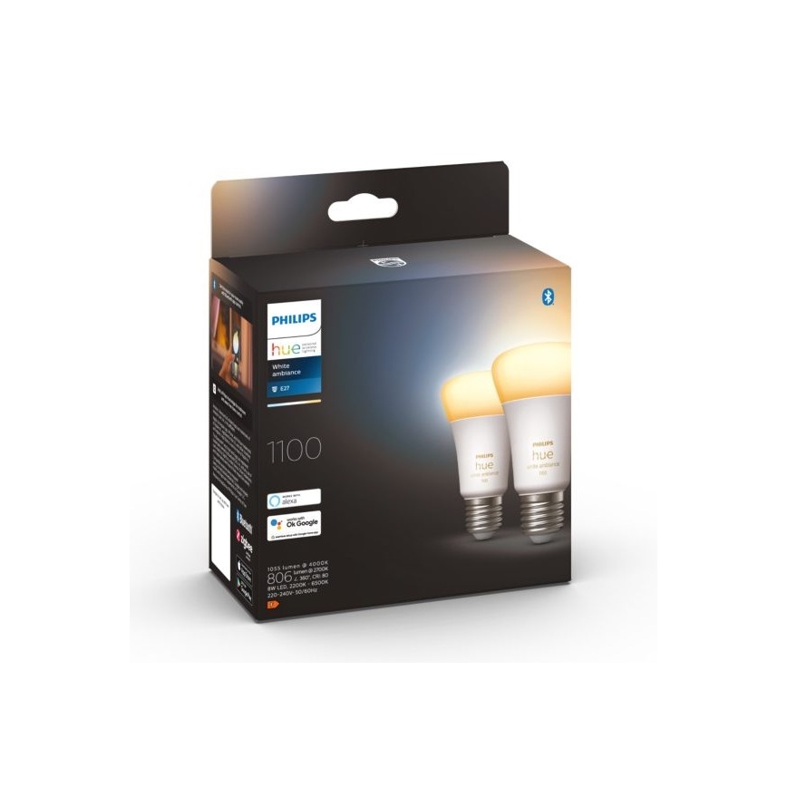 UPPSÄTTNING 2xLED ljusreglerad glödlampa  Philips Hue WHITE AMBIANCE E27/8W/230V 2200-6500K