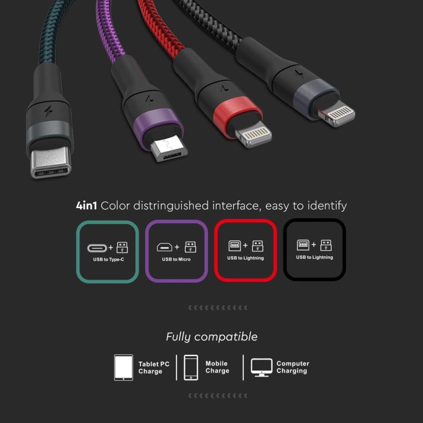 USB-kabel USB-A / USB Lightning / MicroUSB / USB-C 1,2 m multifärgad