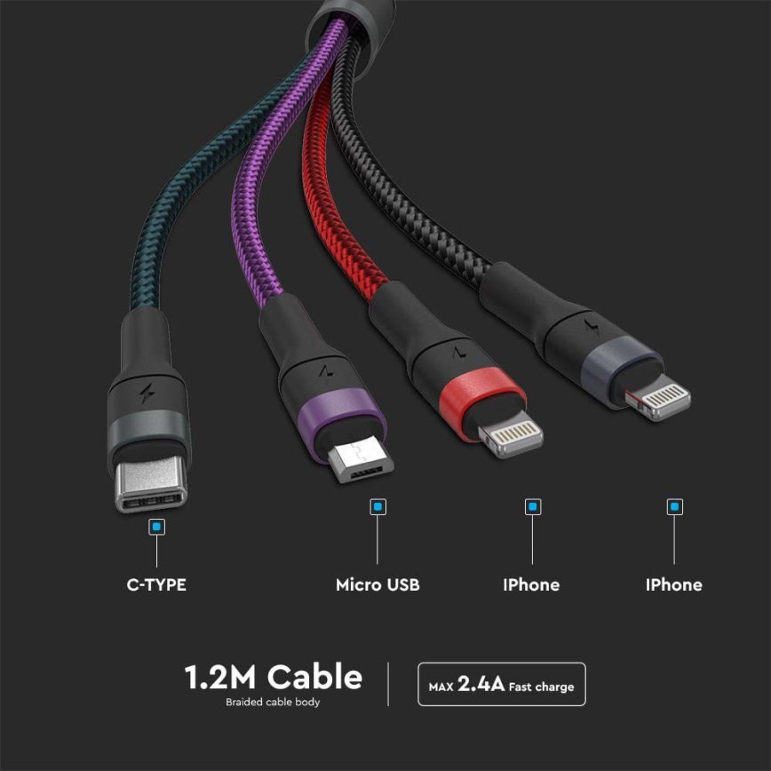 USB-kabel USB-A / USB Lightning / MicroUSB / USB-C 1,2 m multifärgad