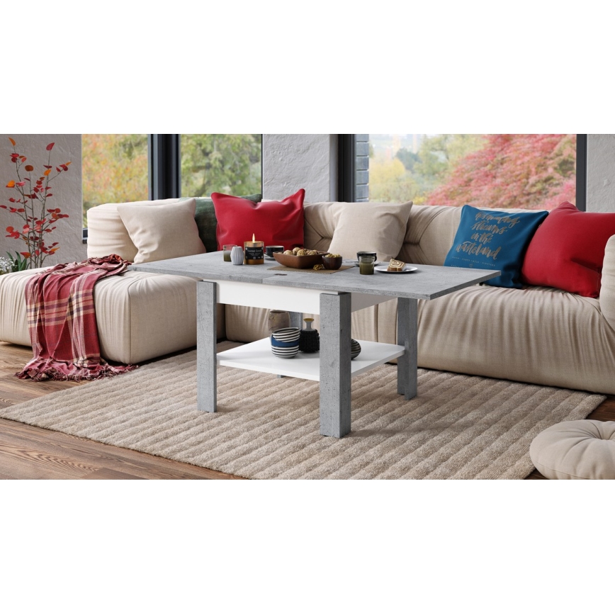 Utdragbart soffbord/matbord med förvaringshylla LIA grå betong/vit