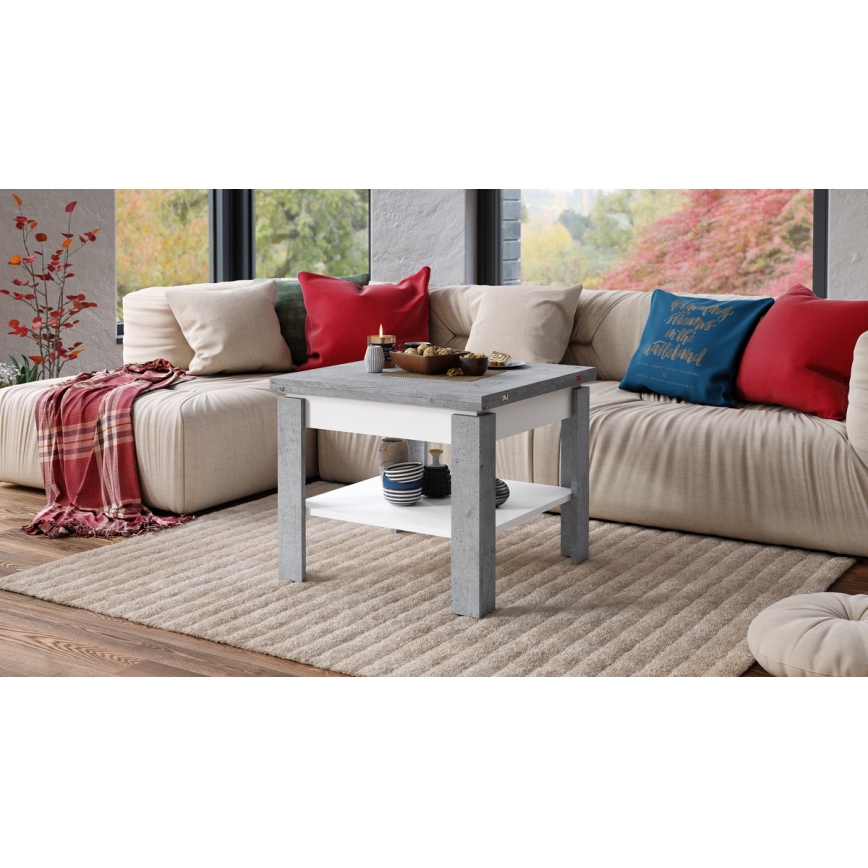 Utdragbart soffbord/matbord med förvaringshylla LIA grå betong/vit