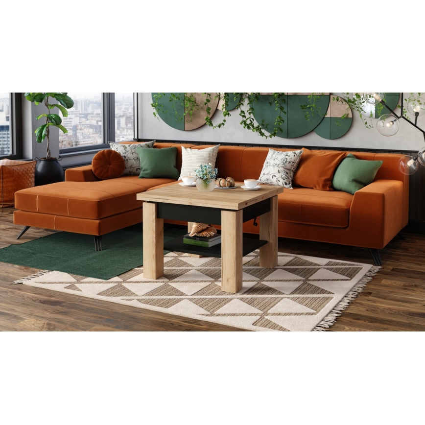 Utdragbart soff-/matbord med lyftbar bordsskiva CALEB ek craft/svart