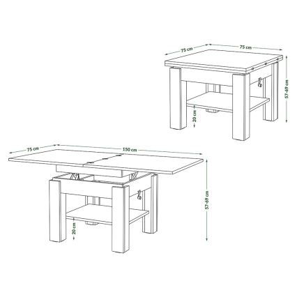 Utdragbart soff-/matbord med lyftbar bordsskiva CALEB ek craft/svart