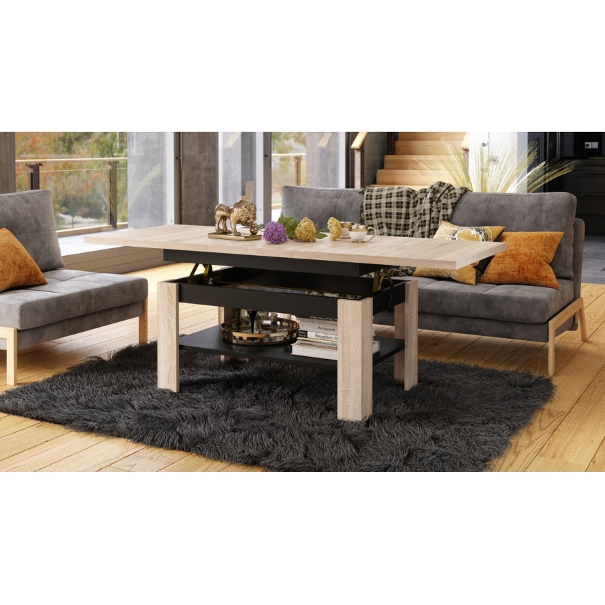 Utdragbart soffbord med lyftbar bordsskiva ROY 130/170x65 cm ek sonoma/svart