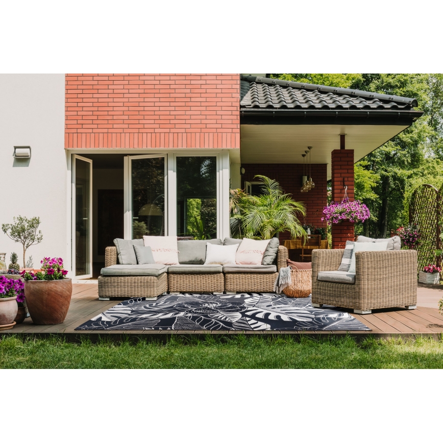 Utomhusmatta JUNGLE 160x220 cm svart/vit med lövmönster