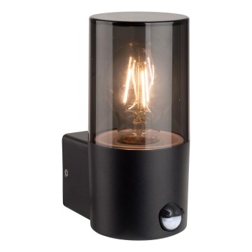 Utomhusvägglampa med rörelse- och skymningssensor, 1xE27/40W/230V, IP44, svart/rökfärgad