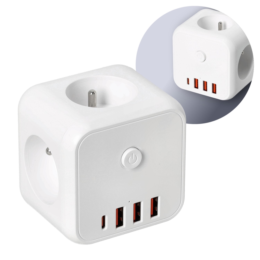 Uttagsdelare med strömbrytare LINEA 3x230V + 4xUSB A/C vit