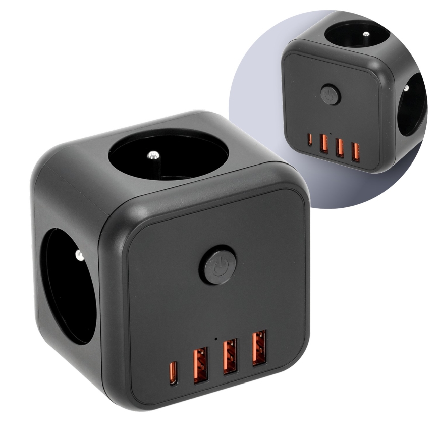 Uttagssplitter med strömbrytare LINEA 3x230V + 4xUSB A/C svart