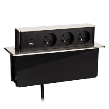 Uttagsstolpe för skrivbordsskiva, 3 x 230 V + USB-A + USB-C