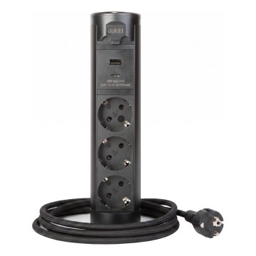 Uttagsstolpe för skrivbordsskiva 3x230V + USB-A + USB-C svart