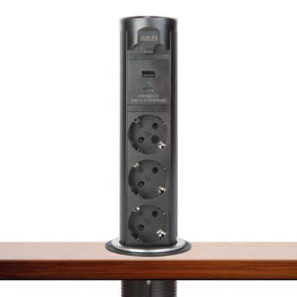Uttagsstolpe för skrivbordsskiva 3x230V + USB-A + USB-C svart