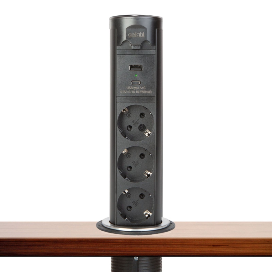 Uttagsstolpe för skrivbordsskiva 3x230V + USB-A + USB-C svart
