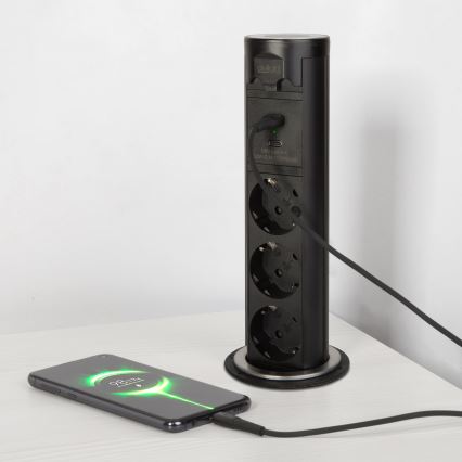 Uttagsstolpe för skrivbordsskiva 3x230V + USB-A + USB-C svart