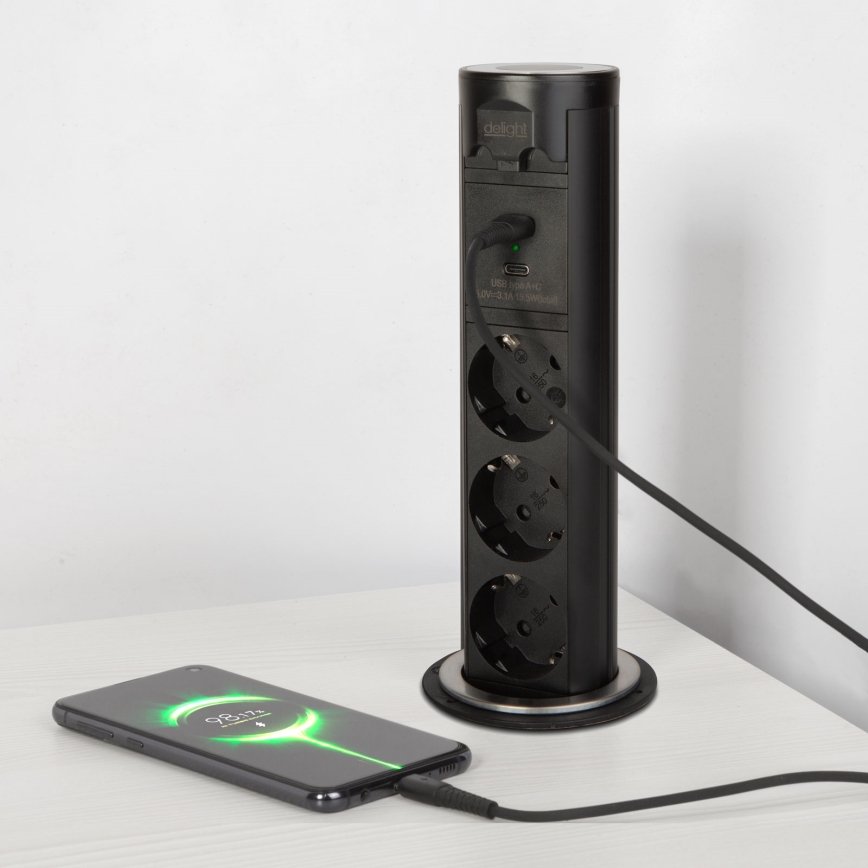 Uttagsstolpe för skrivbordsskiva 3x230V + USB-A + USB-C svart