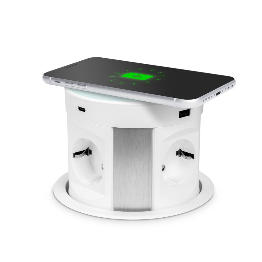 Uttagstorn för bordsskiva med trådlös laddning 4×230 V + 2×USB-A + 2×USB-C, vit