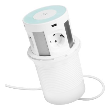 Uttagstorn för bordsskiva med trådlös laddning 4×230 V + 2×USB-A + 2×USB-C, vit