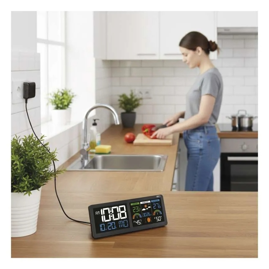 Väderstation med färgad LCD-display och väckarklocka 5V 3xAAA + 2xAA svart
