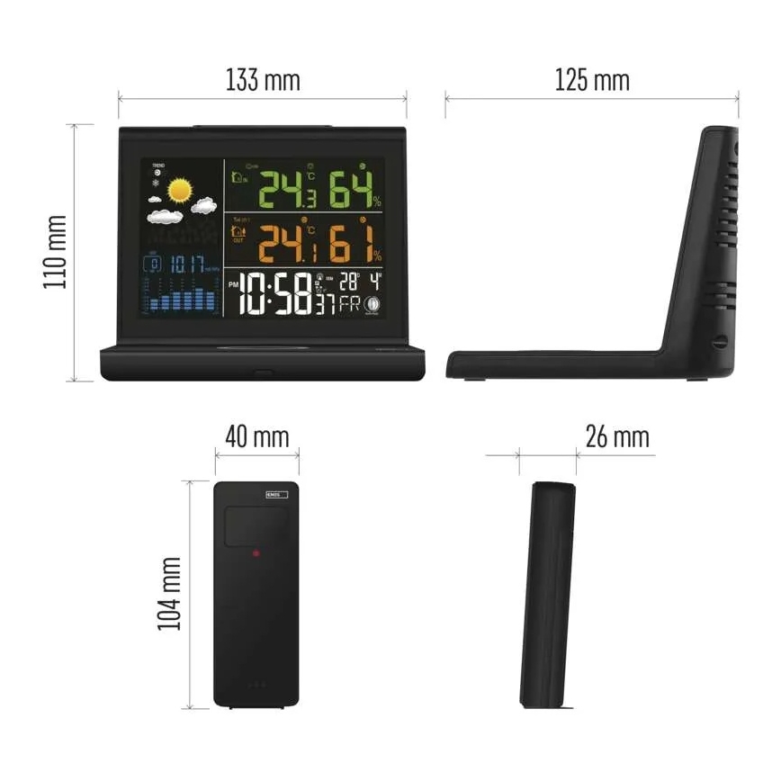 Väderstation med trådlös 5V-laddning, 2xAA + 2xAAA, svart