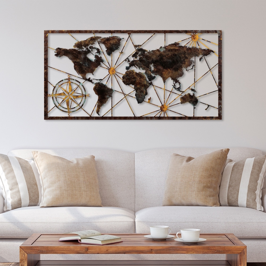 Väggdekoration 120x60 cm världskarta metall