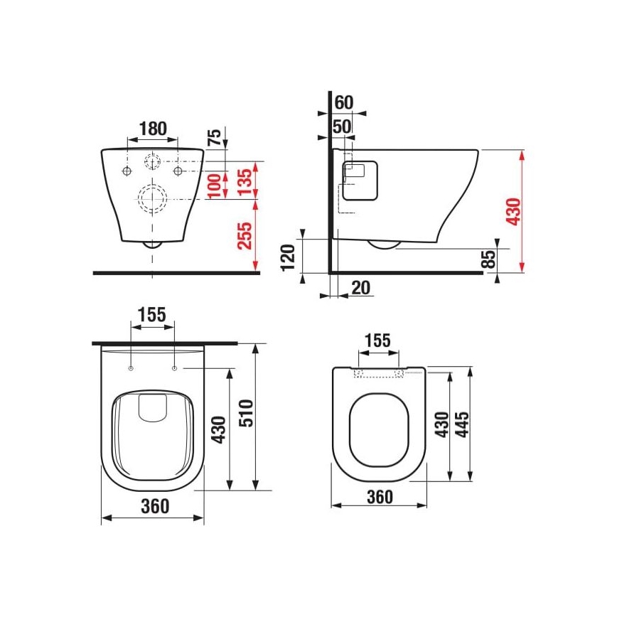 Vägghängd WC DEEP + WC-sits SoftClose DEEP + spolknapp DUAL + inbyggnadsmodul + isoleringspackning