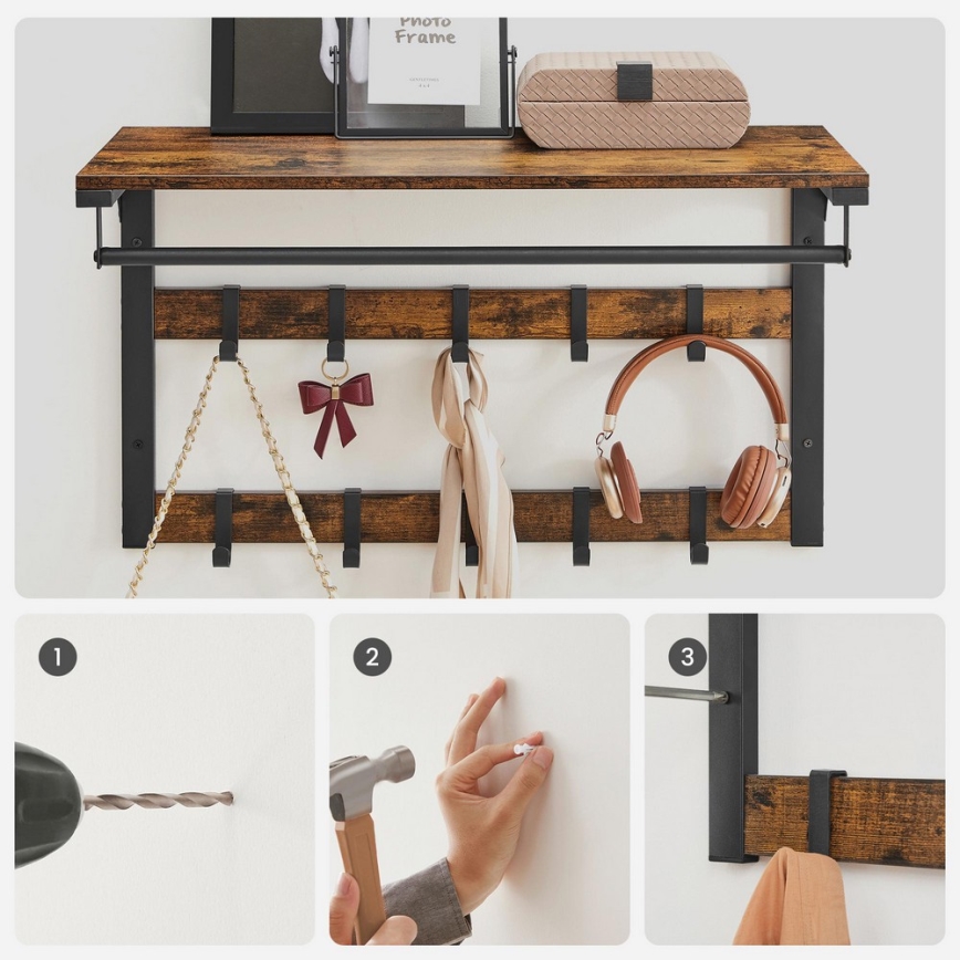 Väggmonterad klädhängare med hylla NATE brun/svart