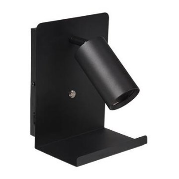 Väggmonterad spotlight med hylla och USB-laddare 1xGU10/35W/230V svart