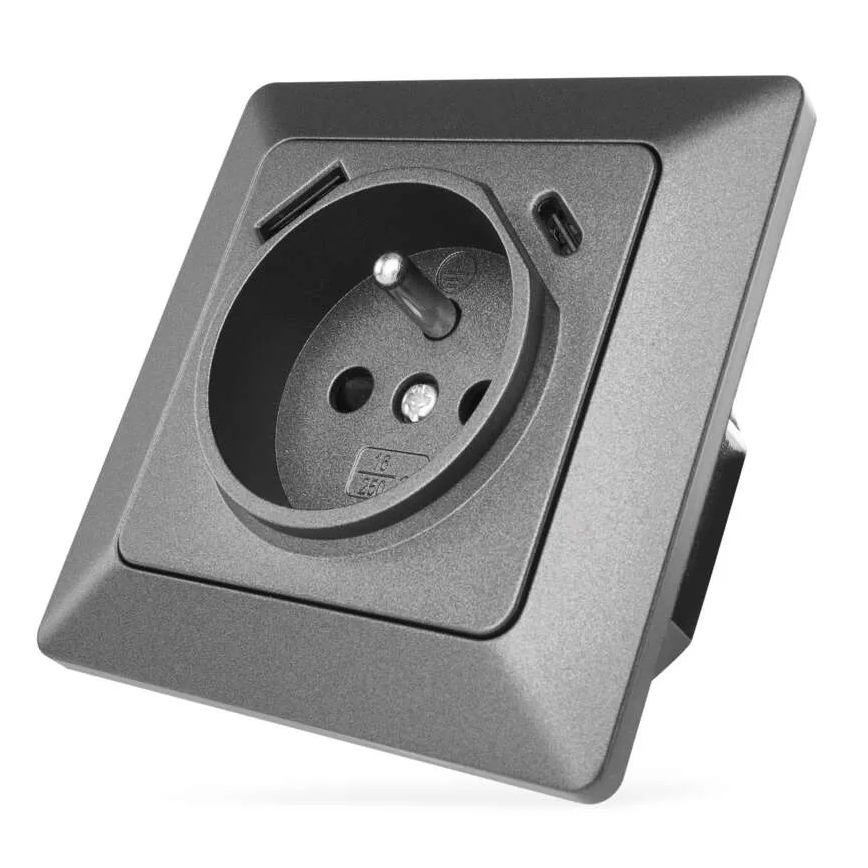 Vägguttag för hemmet, franskt utförande med USB‑A och USB‑C — 250 V/16 A, antracit