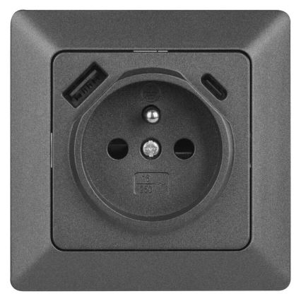 Vägguttag för hemmet, franskt utförande med USB‑A och USB‑C — 250 V/16 A, antracit