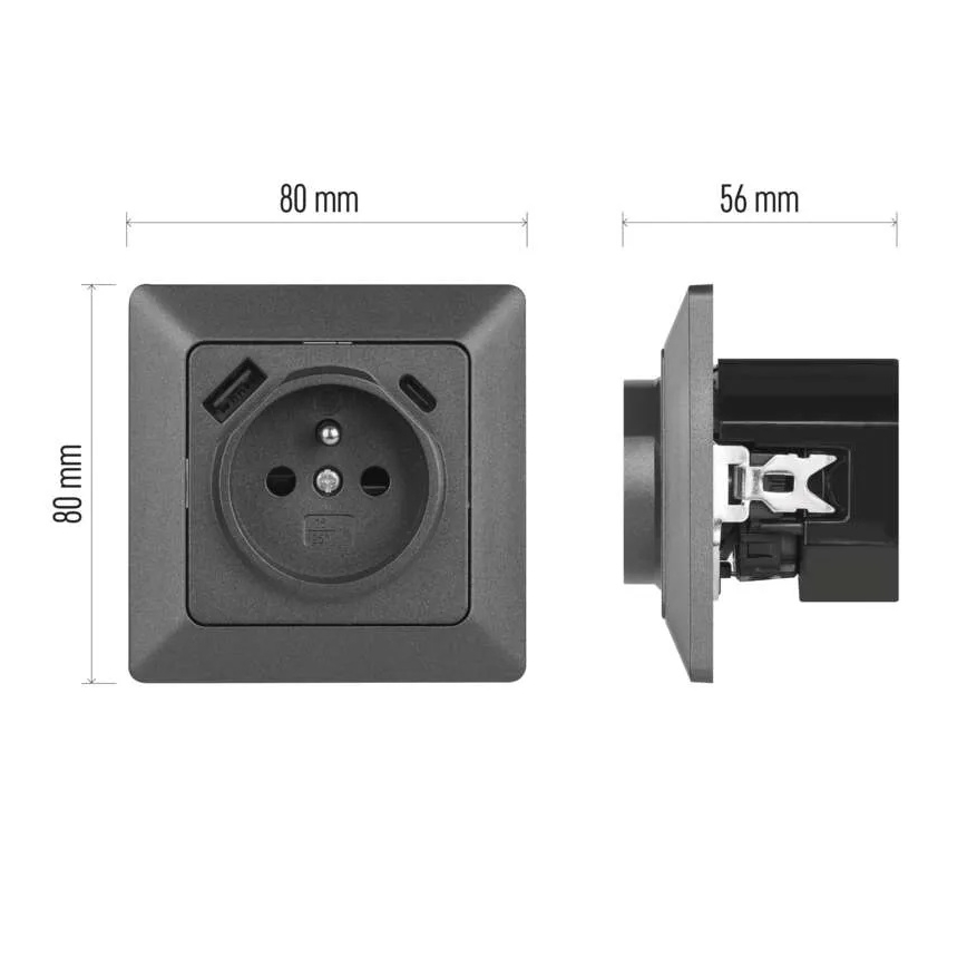 Vägguttag för hemmet, franskt utförande med USB‑A och USB‑C — 250 V/16 A, antracit