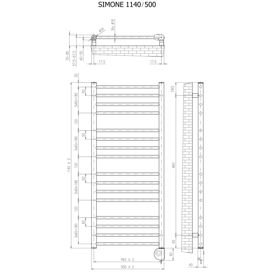 Vertaduro - Badradiator med termostat SIMONE 400W 114x50 cm antracit